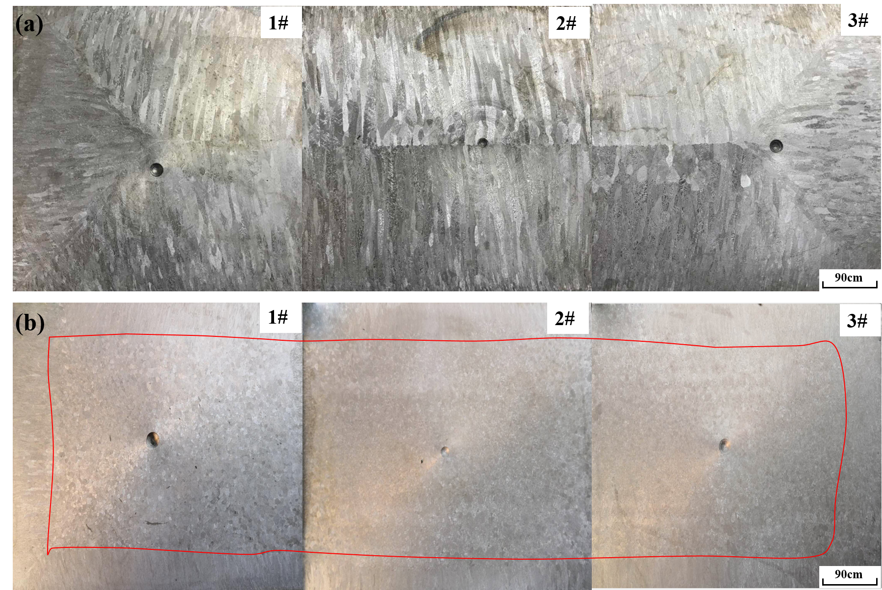 Secci&oacute;n transversal de la macroestructura reci&eacute;n fundida del cord&oacute;n (a) sin IN-ROLL EMS y (b) con dos pares de rodillos utilizados en IN-ROLL EMS (a 400 A y 7 Hz)